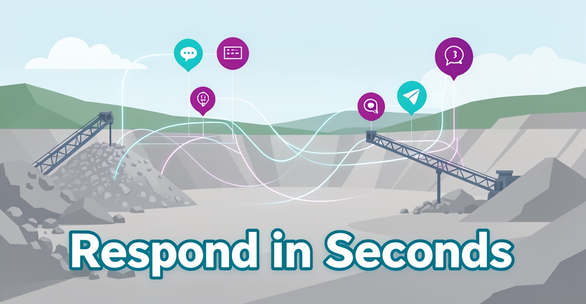 A minimalist flat illustration of a quarry with AI-driven data flows symbolizing automated lead follow-up, featuring the headline 'Respond in Seconds' in brand colors.