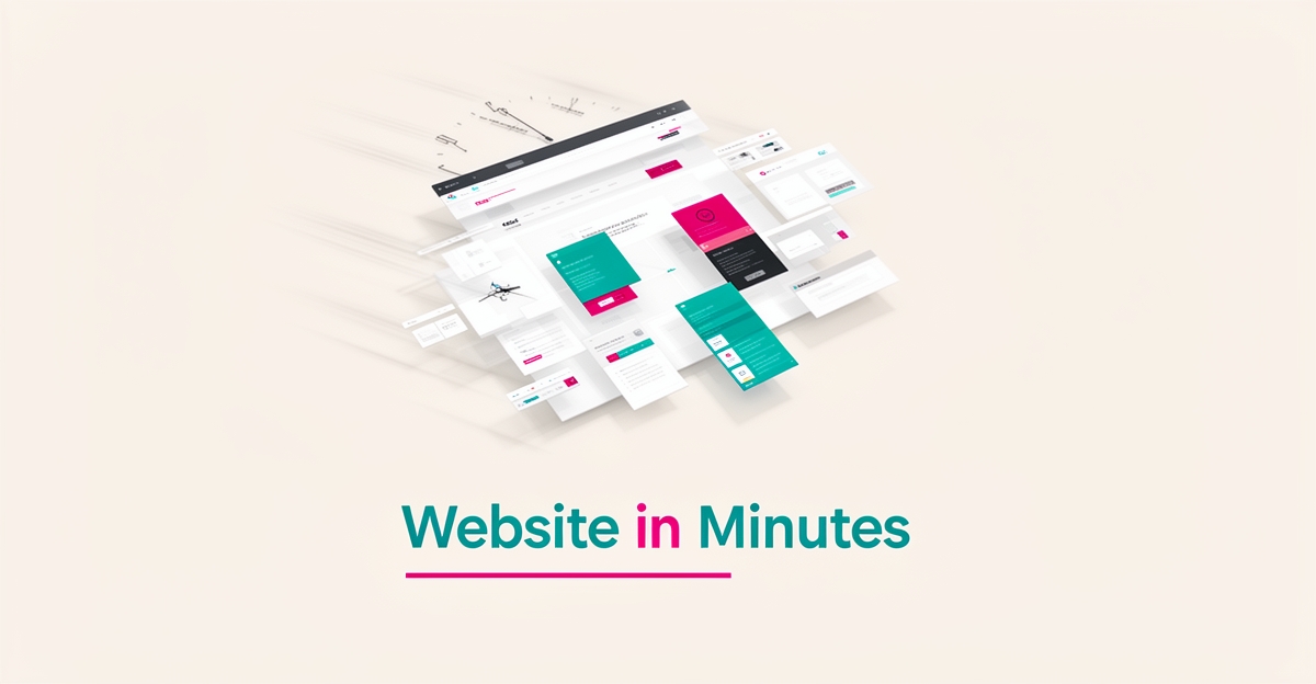 Flat illustration of a website assembling from floating UI blocks with a clock, symbolizing rapid website setup in minutes.