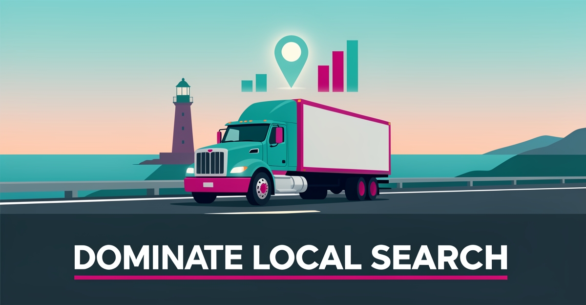 Flat illustration of a refrigerated truck on a coastal Nova Scotia highway with a map pin and ranking bars, symbolizing local search dominance.