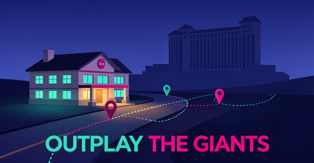 Flat illustration of a glowing regional casino on a rural road with map route pins, dwarfed by a distant mega-resort silhouette, headline reading Outplay the Giants.