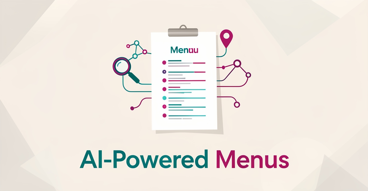 Flat illustration of a stylized menu card surrounded by AI search and location icons in teal and magenta, headline reading AI-Powered Menus.