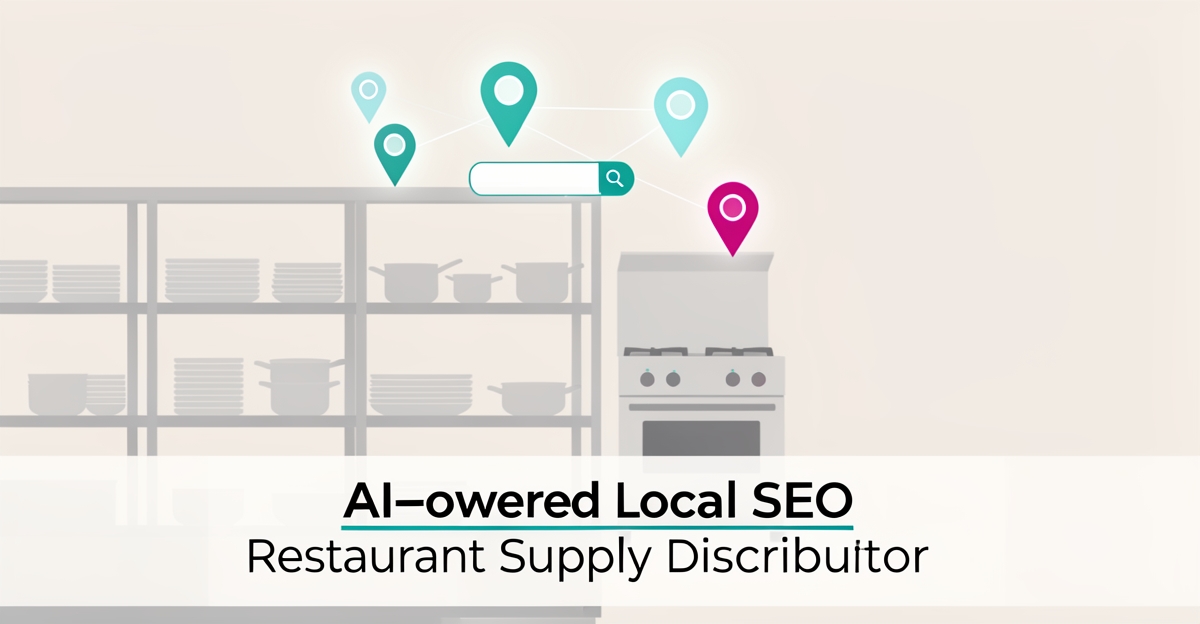 Flat illustration of commercial kitchen supplies overlaid with digital location pins and search icons symbolizing AI-driven local SEO for restaurant supply distributors.
