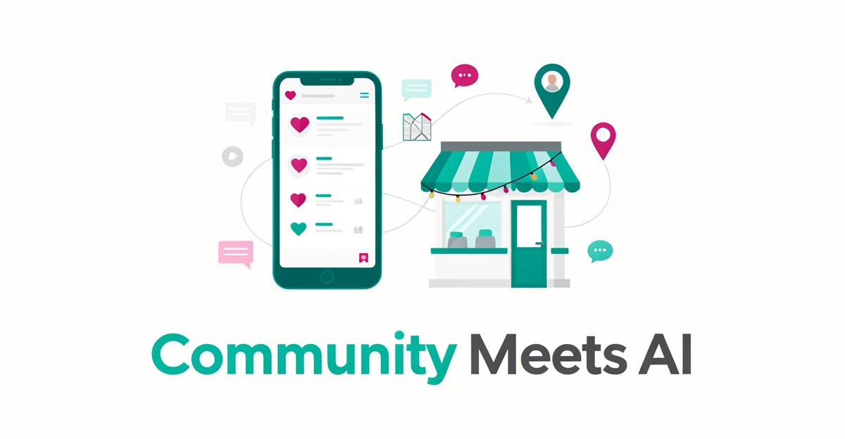Flat illustration of a smartphone with social media icons beside a restaurant storefront, accented in teal and magenta, with headline Community Meets AI.