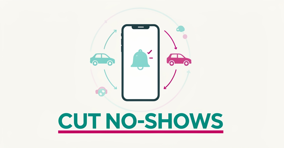 Flat illustration of a smartphone with notification bell and car icons showing AI reminders reducing rideshare fleet no-shows.