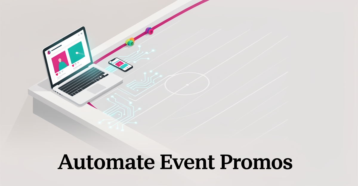 Flat illustration of a roller skating rink with a laptop and AI motifs symbolizing automated weekly event promotions.