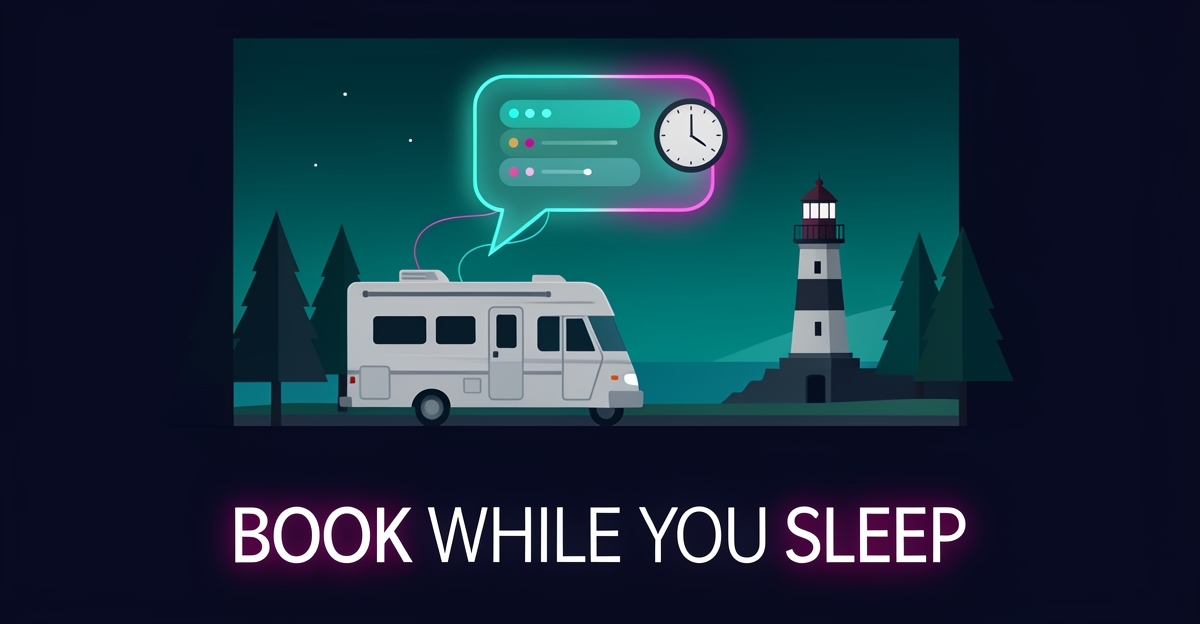 Flat illustration of an RV at a Halifax coastal park at night with a glowing AI chat bubble symbolizing 24/7 automated booking responses.