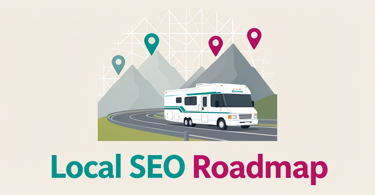 Flat illustration of an RV driving a scenic highway with location pins and map motifs, accented in teal and magenta, with headline Local SEO Roadmap.