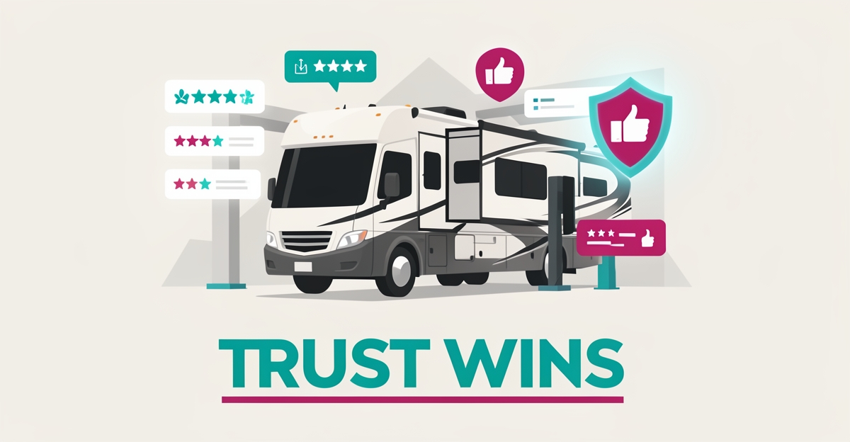 Flat illustration of an RV in a repair bay surrounded by five-star review and trust icons in teal and magenta, with headline Trust Wins.