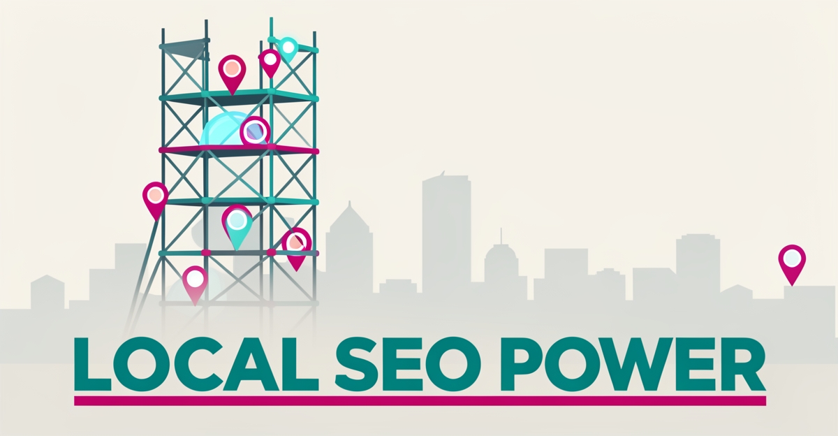 Flat illustration of a scaffolding structure with map pins and data nodes in teal and magenta, symbolizing AI-driven local SEO for scaffolding companies.