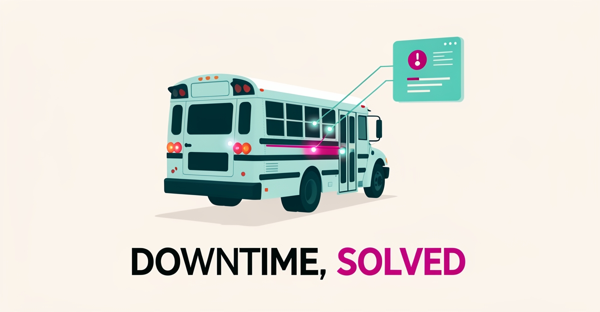 Flat illustration of a school bus in a service bay with AI sensor alerts and a dashboard, headline reading Downtime, Solved.