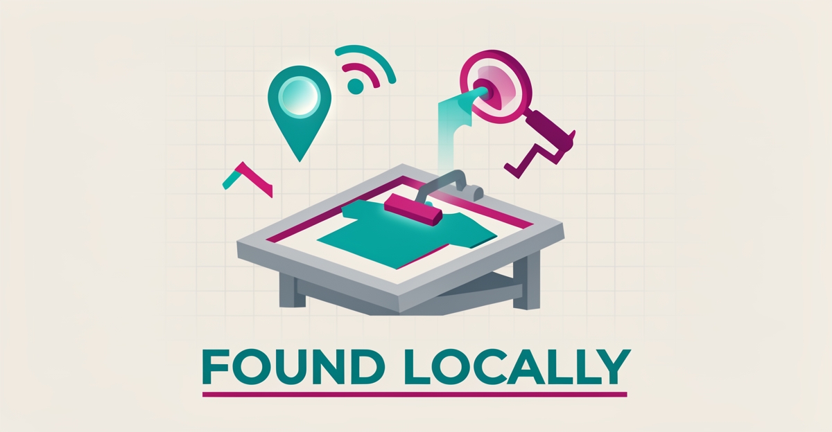 Flat illustration of a screen printing press with map pin and search signals in teal and magenta, headlined Found Locally.