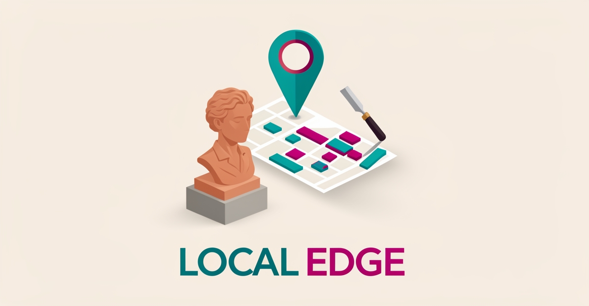 Flat illustration of a sculpture studio with clay bust, chisel, and location pin over a neighborhood map in teal and magenta accents.