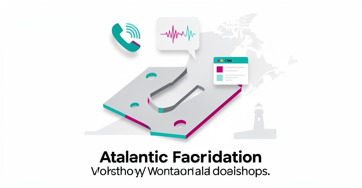 Flat illustration of sheet metal fabrication with AI phone agent and CRM integration for Atlantic Canada fabricators.