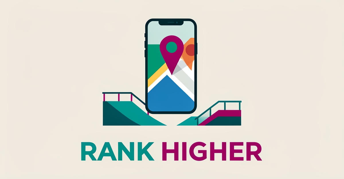 Flat illustration of a skate park with a smartphone map pin rising, symbolizing higher Google Maps rankings for local skate parks.