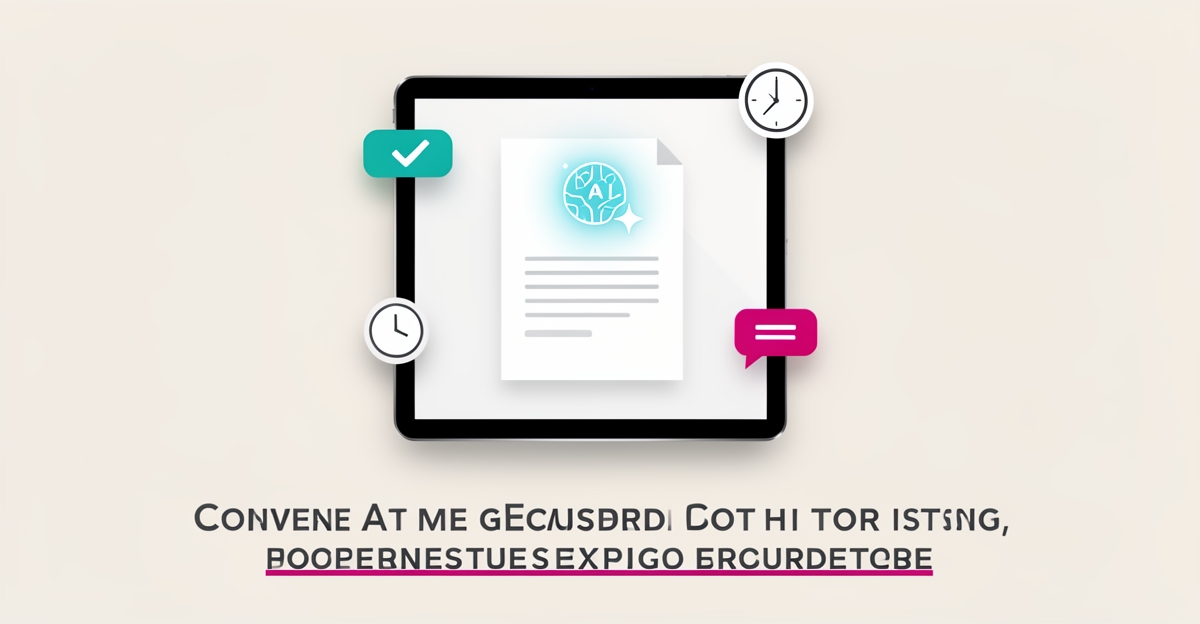 Flat illustration of a tablet showing an AI-simplified consent form with checkmark, clock, and message icons in teal and magenta accents.