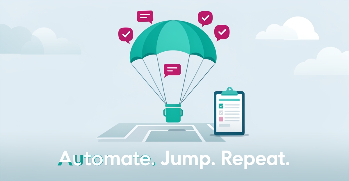 Flat illustration of a teal parachute descending over a drop zone with floating digital reminder icons, symbolizing AI-automated skydiving waiver follow-ups.