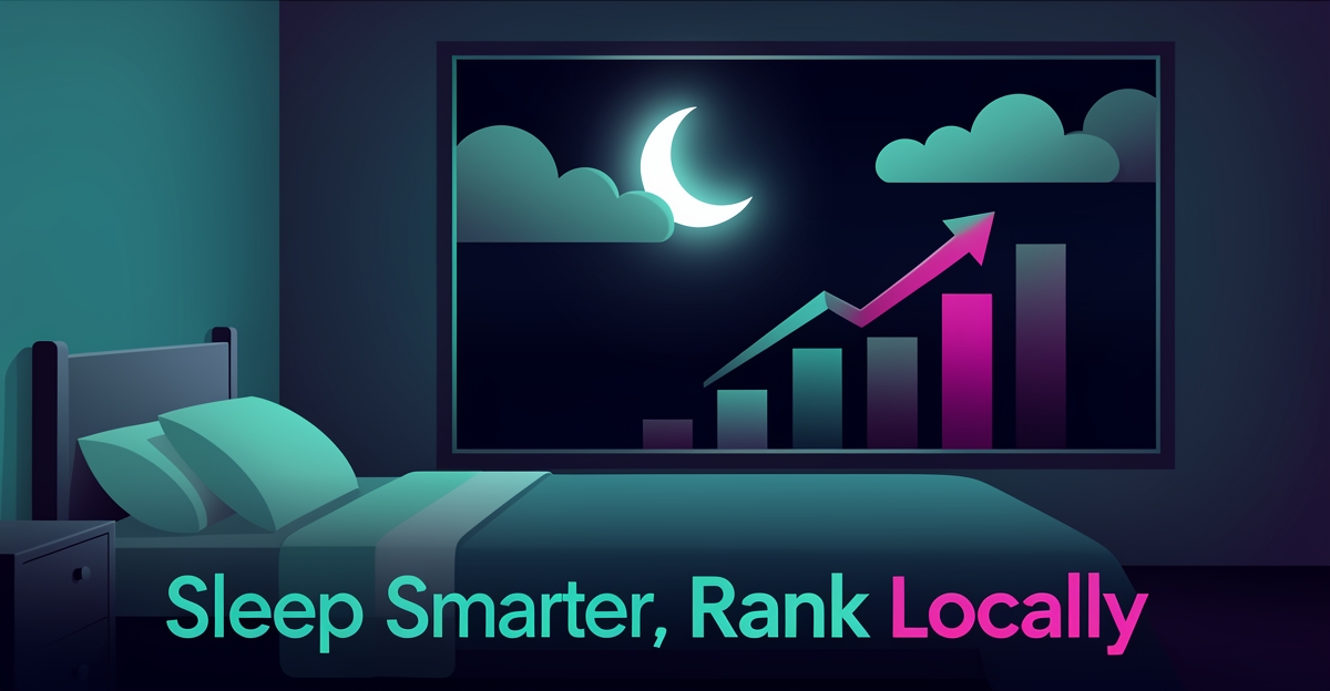 Flat illustration of a moonlit bedroom with glowing search-ranking bars in teal and magenta, symbolizing AI-driven local content for sleep clinics.