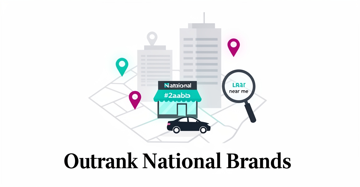 Flat illustration showing a small car rental agency outranking national brands in local search with map pins and magnifier.