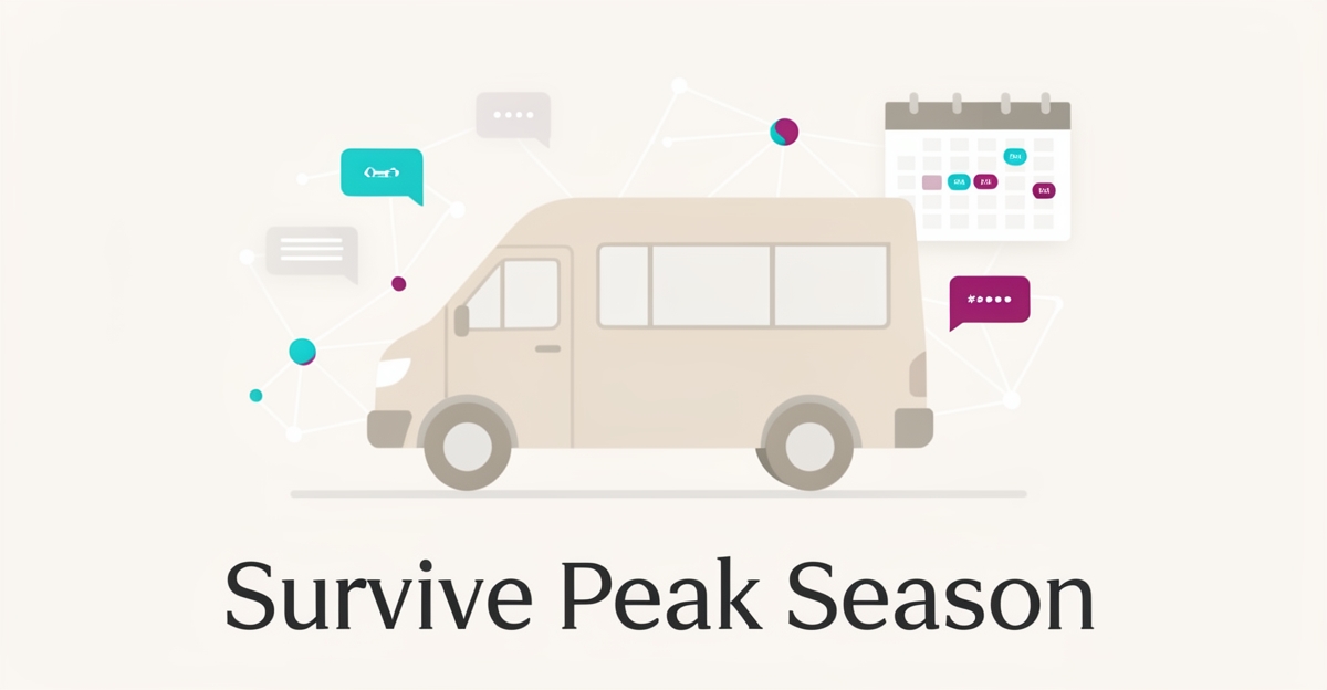 Flat illustration of a shuttle van with AI nodes and calendar showing peak season automation for small operators.