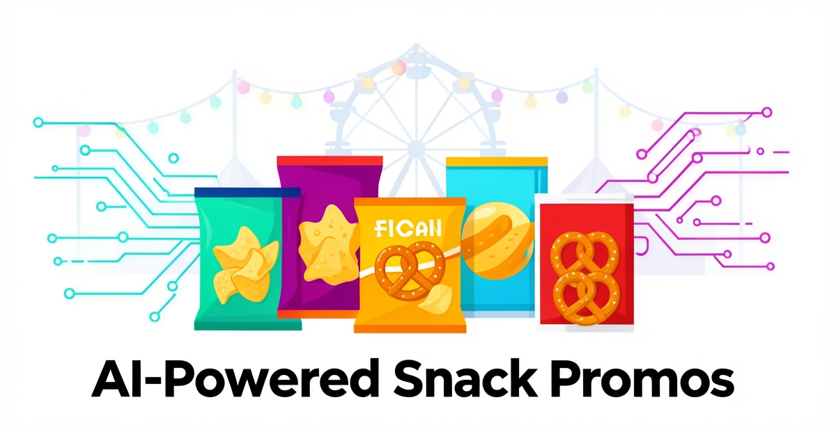 An illustration showing snack bags with festive background elements and glowing data streams, representing AI-driven seasonal promotions for local events.