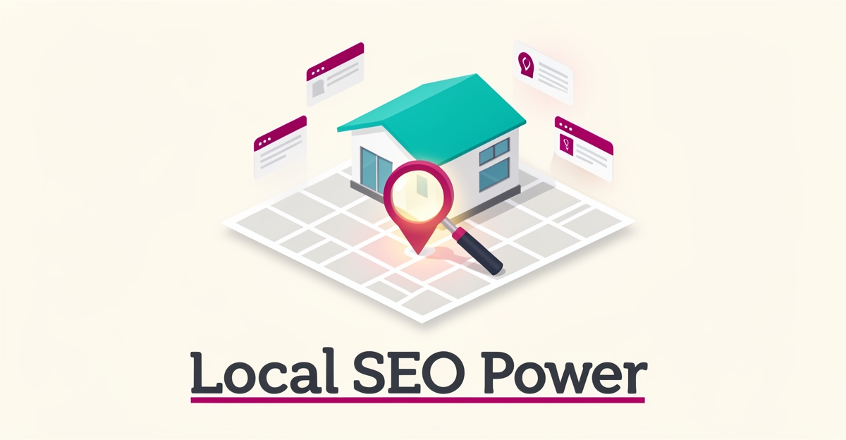 Flat illustration of a modern spec home on a local map grid with a magnifying glass over a location pin, accented in teal and magenta.