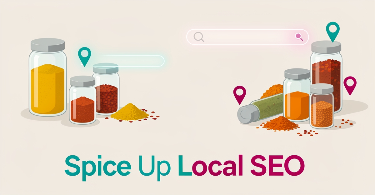Flat illustration of spice jars with digital search and location icons, symbolizing AI-generated localized recipe content for spice companies.