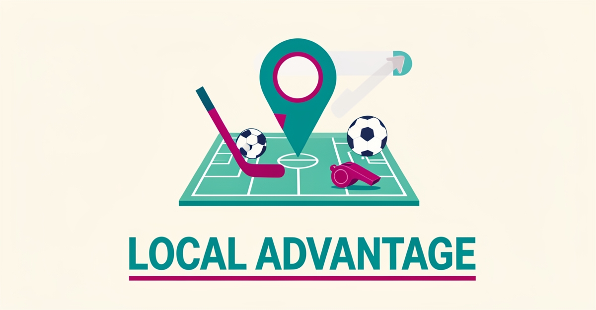 Flat illustration of a map pin over sports equipment and a rising search ranking graphic, symbolizing local SEO for sports camps.