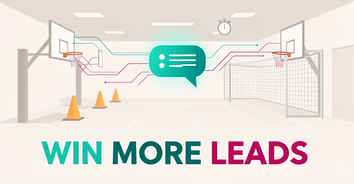 Flat illustration of a sports training facility with AI chat and stopwatch motifs in teal and magenta, symbolizing instant lead follow-up.