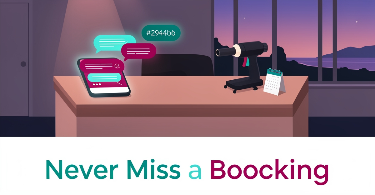 Flat illustration of a spray tan studio counter with a smartphone chatbot conversation in teal and magenta, promoting 24/7 booking automation.