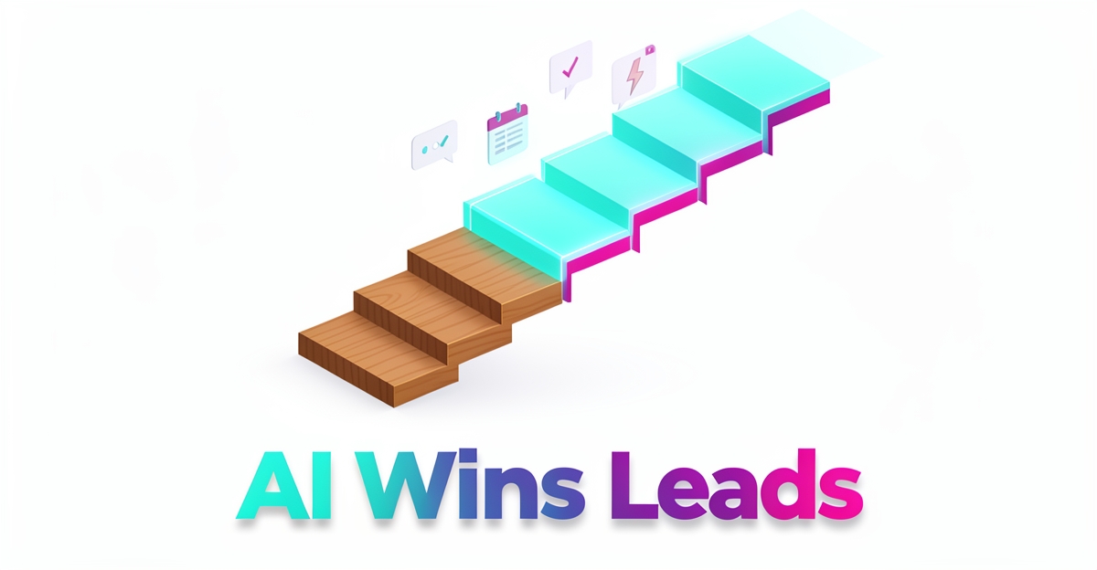 Staircase transforming into digital UI steps with cyan and magenta accents, symbolizing AI-powered lead generation for stair builders.