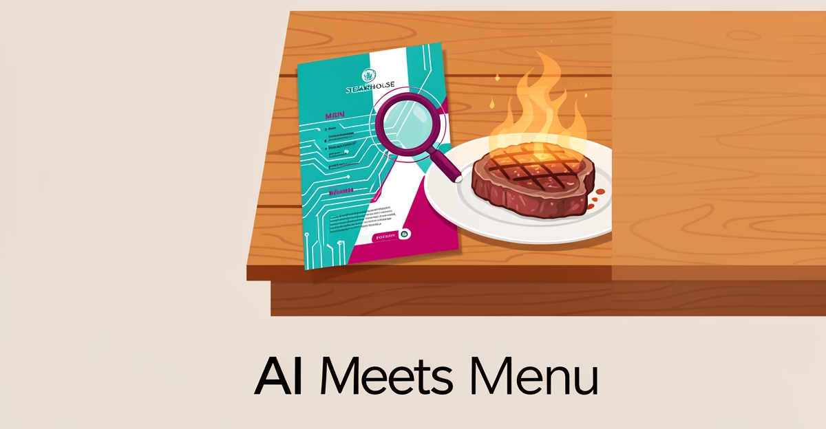 Flat illustration of a steakhouse menu with a sizzling steak, digital AI circuit lines, and a search icon in teal and magenta accents.