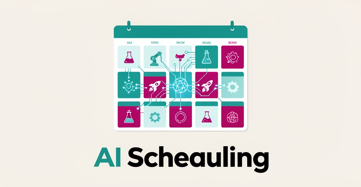 Flat illustration of AI automatically arranging a colorful STEM camp activity schedule with science icons and teal and magenta accents.