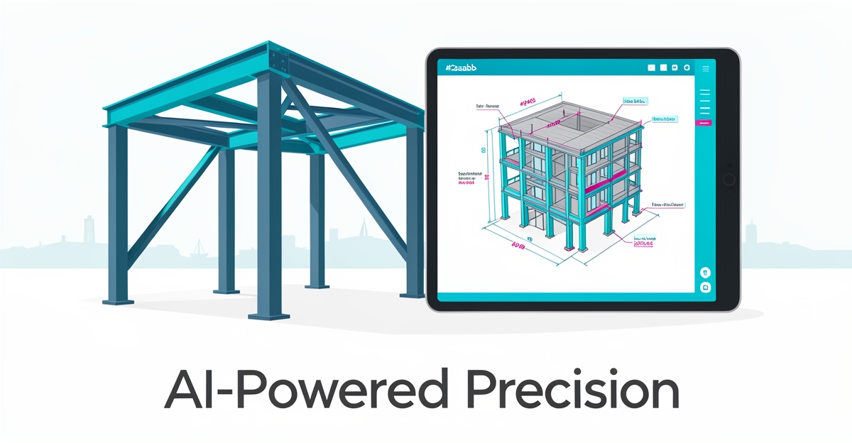 Flat illustration of steel beams and a tablet showing a 3D building model with AI measurement callouts in teal and magenta brand colors.