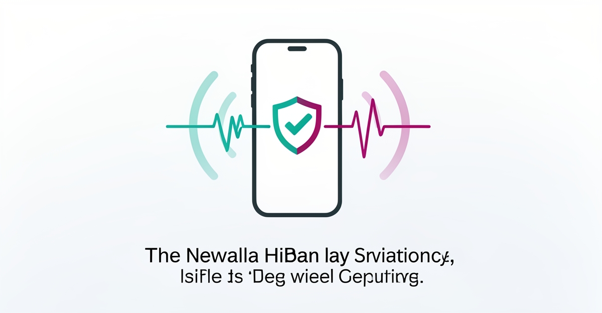 Flat illustration of a smartphone with sound waves, a checkmark, and a privacy shield in teal and magenta, representing secure AI voice check-ins.