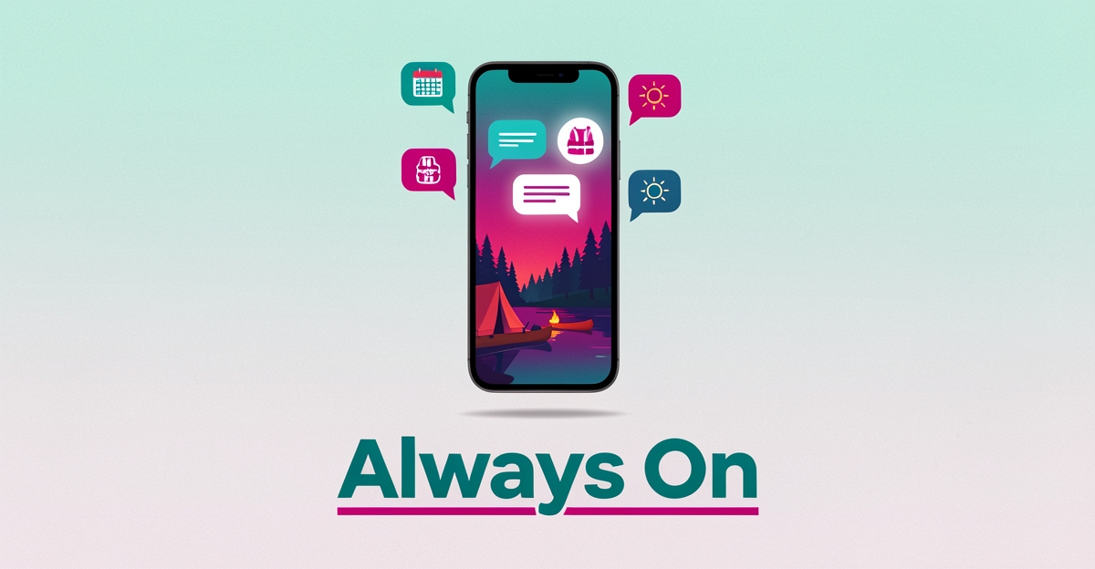 Flat illustration of a smartphone with AI chat bubbles over a lakeside summer camp scene, accented in teal and magenta with the headline Always On.