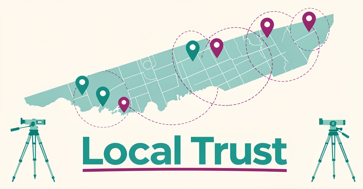 Flat illustration of a Nova Scotia map with survey location pins, service area circles, and surveying tools in teal and magenta brand colors.