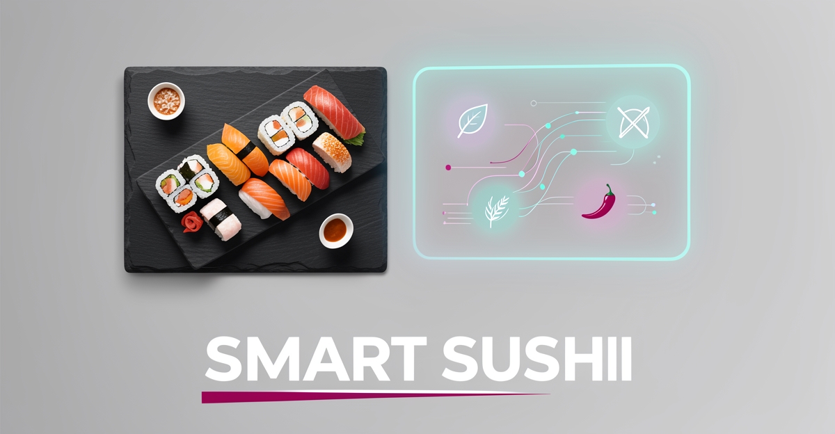 Flat illustration of a sushi platter beside a glowing AI interface with dietary icons, teal and magenta accents, headline Smart Sushi.