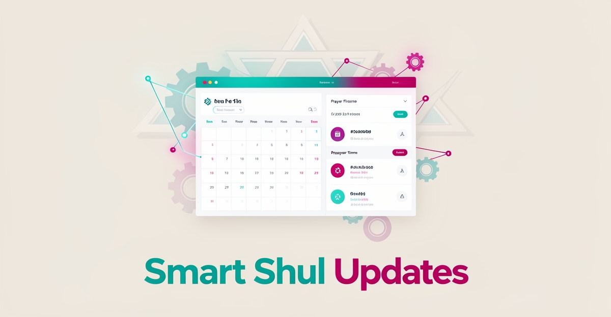 Flat illustration of a synagogue website calendar auto-updating prayer times and events through AI automation in teal and magenta.