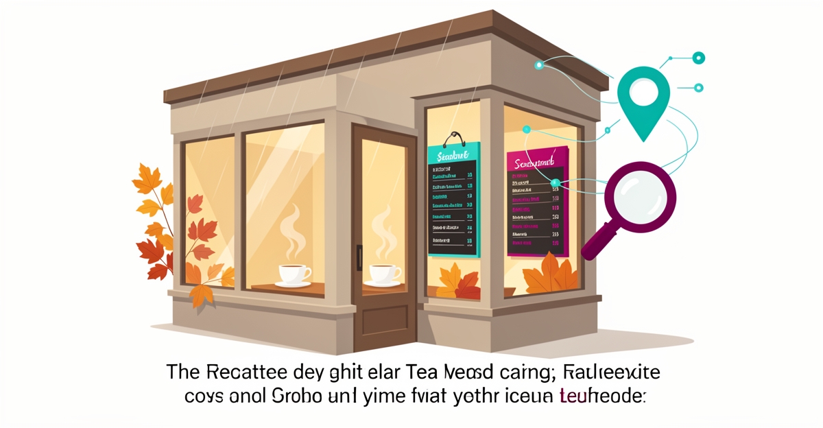 Flat illustration of a tea house storefront with seasonal menu and AI search elements highlighted in teal and magenta accents.