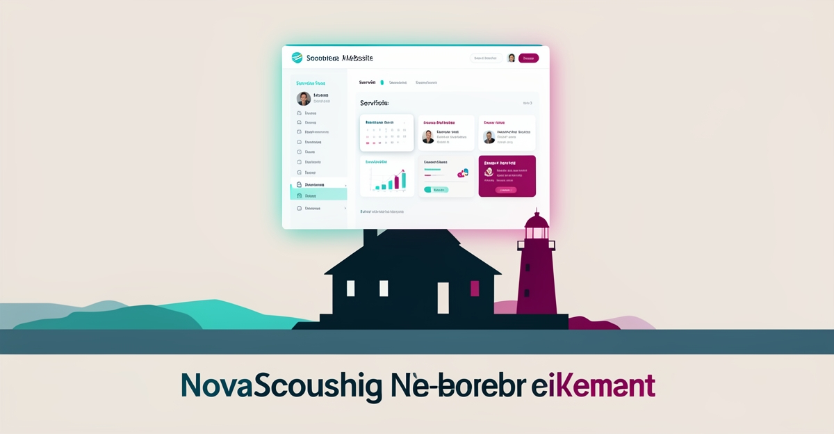 Flat illustration of a Nova Scotia temple with AI website dashboard showing service times and events.