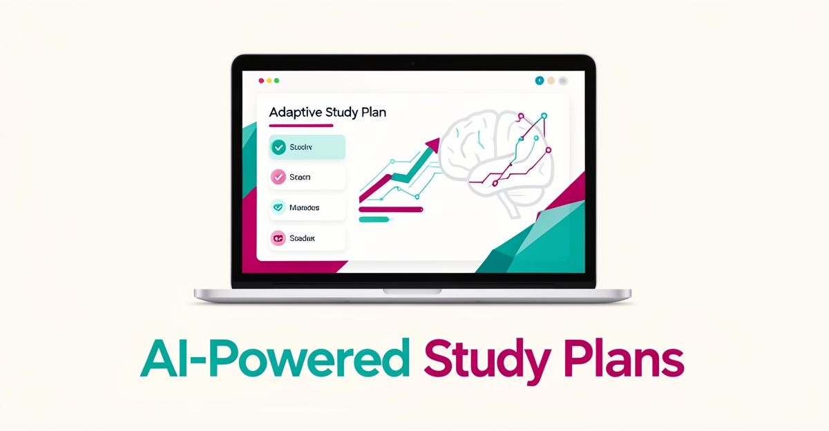 Flat illustration of a laptop displaying an AI-generated personalized SAT study dashboard with rising score chart in teal and magenta.