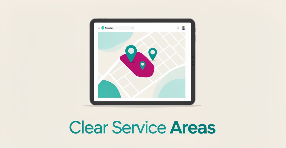 Minimalist flat illustration of a map with location pins and a tablet showing a service area, accented in teal and magenta.