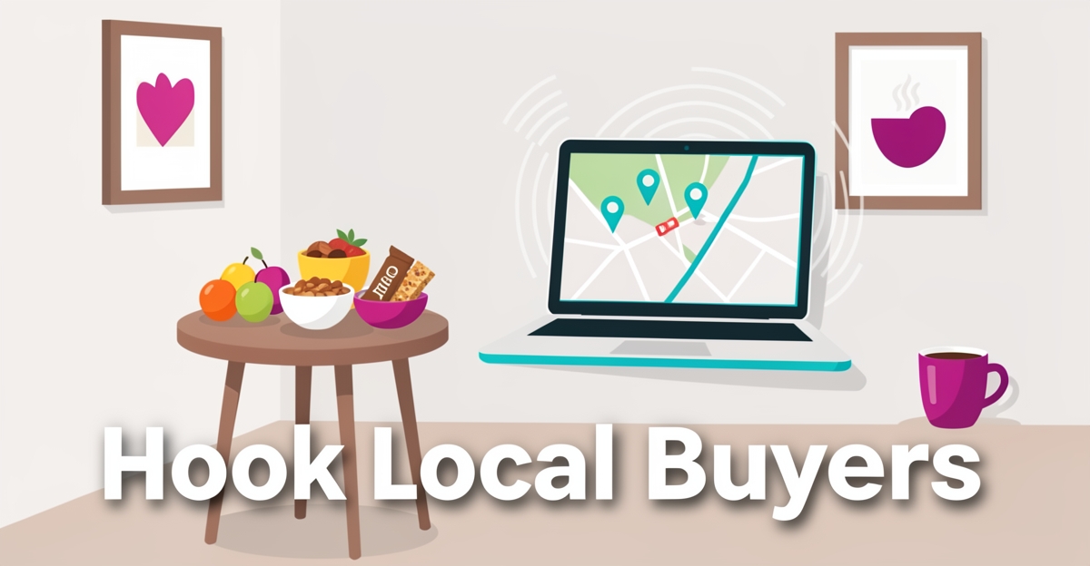 A minimalist flat illustration of an office snack table with a laptop showing local search pins, using brand colors as accents, with the headline 'Hook Local Buyers' in the lower third.