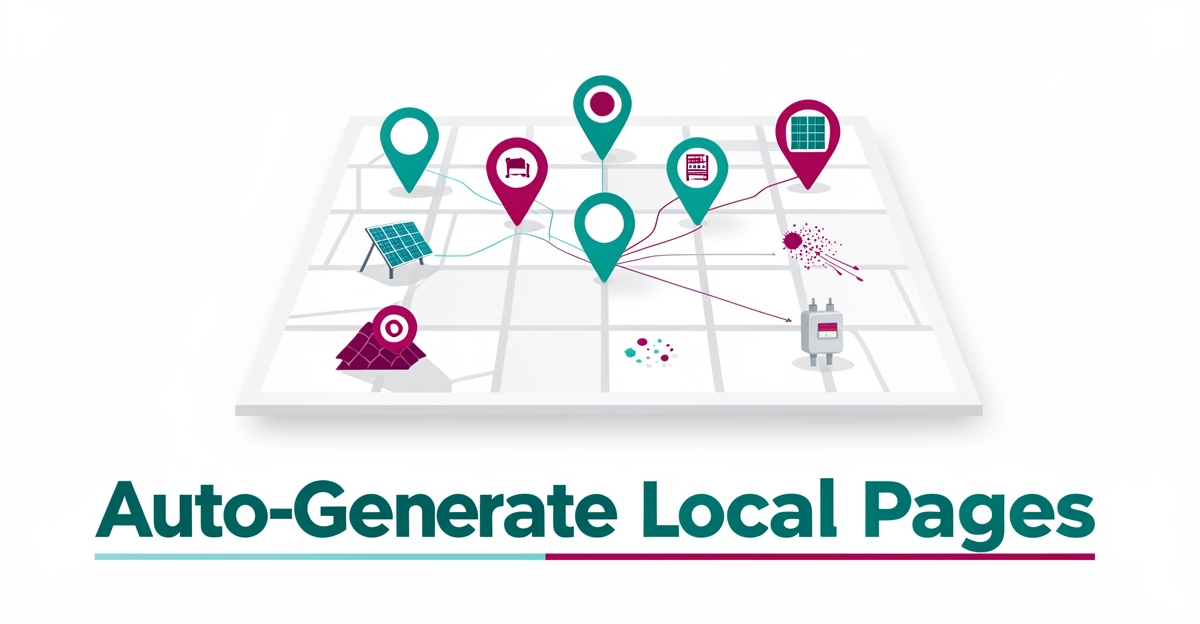 Flat illustration of city map with data-driven solar cleaning icons and headline Auto-Generate Local Pages