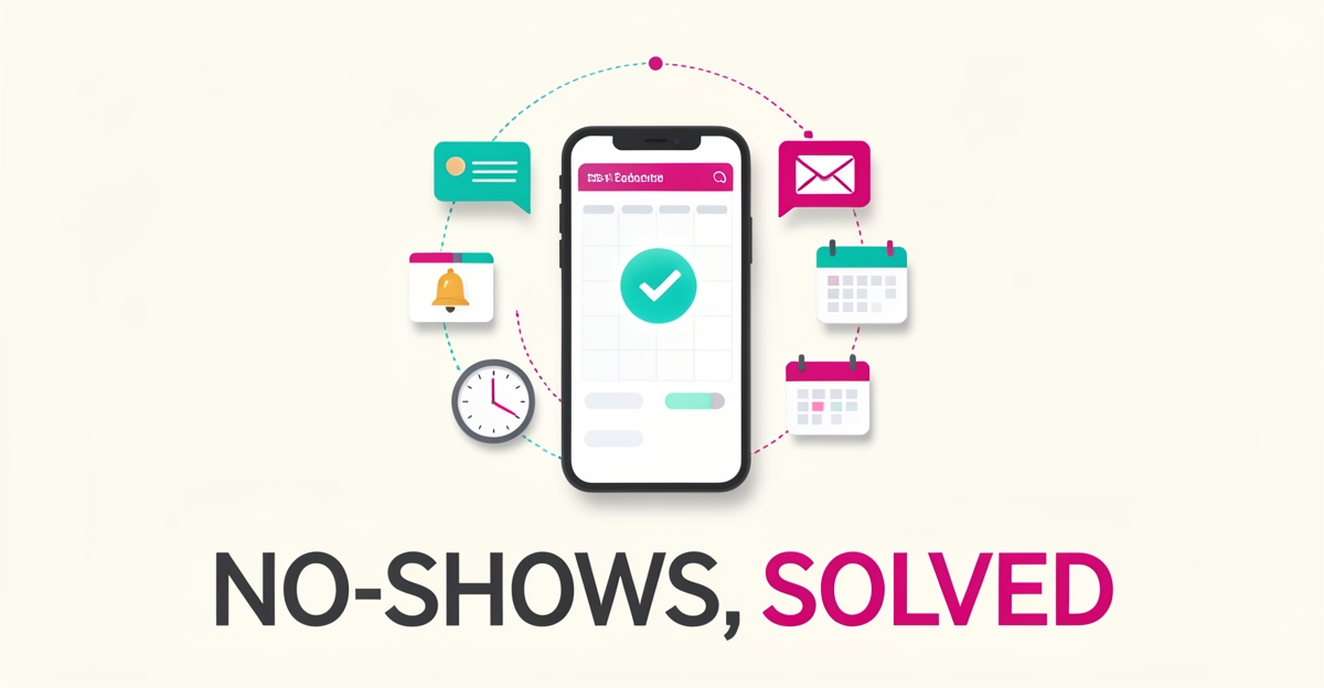 Flat illustration of a smartphone with automated calendar reminders and notification icons, headlined No-Shows, Solved, in teal and magenta accents.