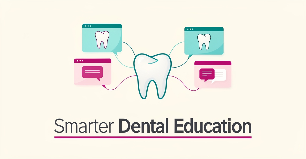 Flat illustration of a tooth connected to floating education cards in teal and magenta, symbolizing AI-powered dental patient education.