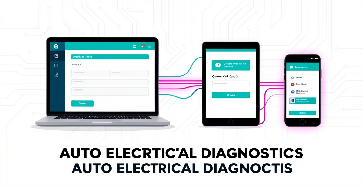 Flat illustration of AI-powered workflow automating diagnostic quotes and appointment confirmations for auto electrical shops, with brand-colored digital interfaces and connection lines.