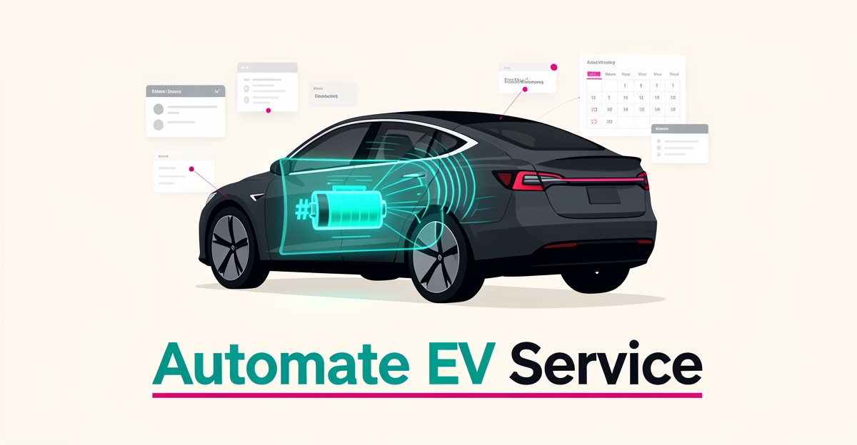 Flat illustration of an EV battery scan with automated booking interface elements in teal and magenta, headlined Automate EV Service.