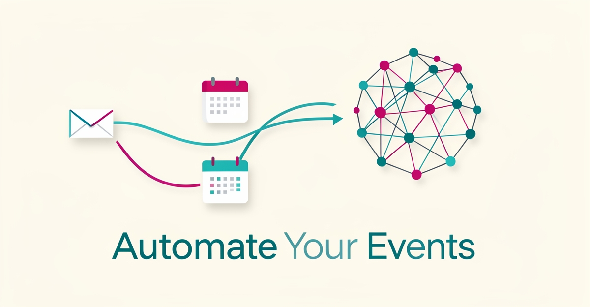Flat illustration of envelopes and calendars flowing into an AI node network, symbolizing automated event invitations and follow-ups.