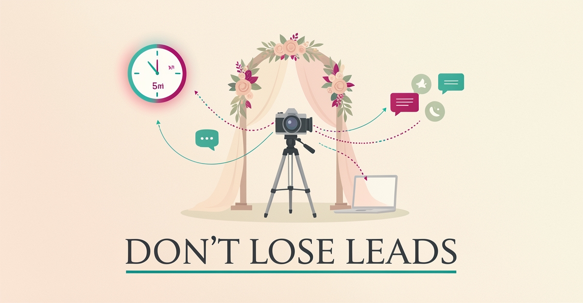 Flat illustration of a wedding camera and arch with automated follow-up timer and notification lines in teal and magenta accents.